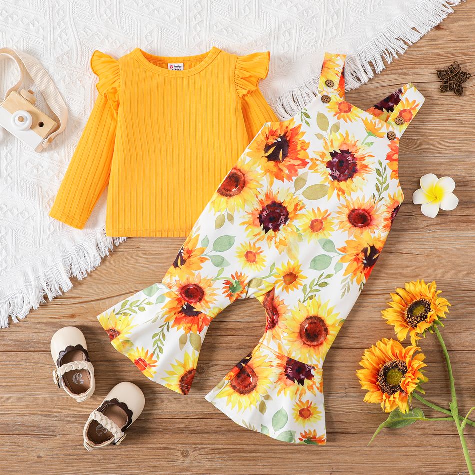 2pcs Baby Girl Yellow Ribbed Ruffle Long-sleeve Top and Allover Sunflower Floral Print Bell Bottom Overalls Set DarkOrange big image 1