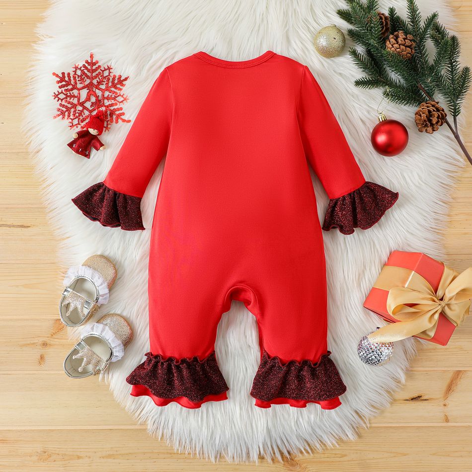 New Year Baby Girl Letter Print Ruffle Trim Long-sleeve Jumpsuit Red-2 big image 2