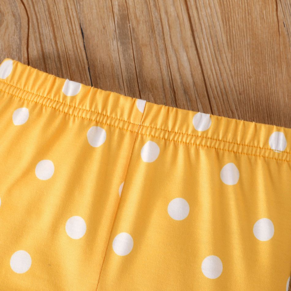2pcs Toddler Girl Floral Print Ruffle Hem Long-sleeve Tee and Polka dots Leggings Set Yellow big image 4