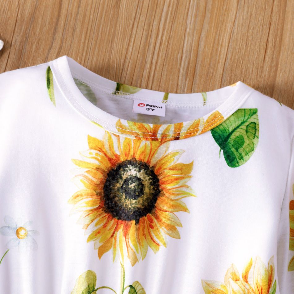 2pcs Toddler Girl Floral Print Ruffle Hem Long-sleeve Tee and Polka dots Leggings Set Yellow big image 2