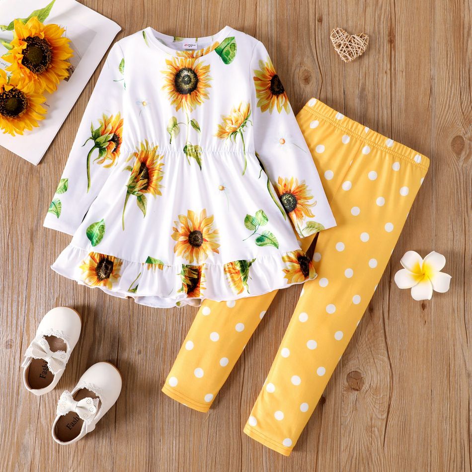 2pcs Toddler Girl Floral Print Ruffle Hem Long-sleeve Tee and Polka dots Leggings Set Yellow big image 1