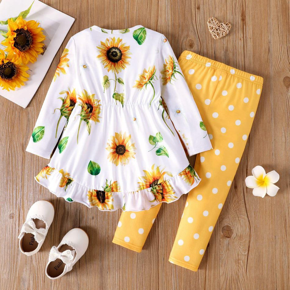 2pcs Toddler Girl Floral Print Ruffle Hem Long-sleeve Tee and Polka dots Leggings Set Yellow big image 5
