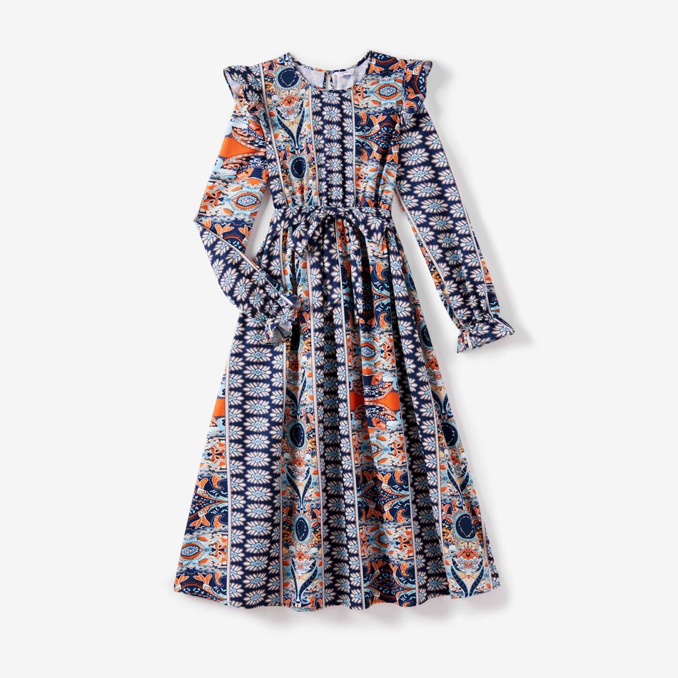 Family Matching Allover Floral Print Ruffle Long-sleeve Belted Dresses and Cotton Colorblock Polo Shirts Sets royalblue big image 6