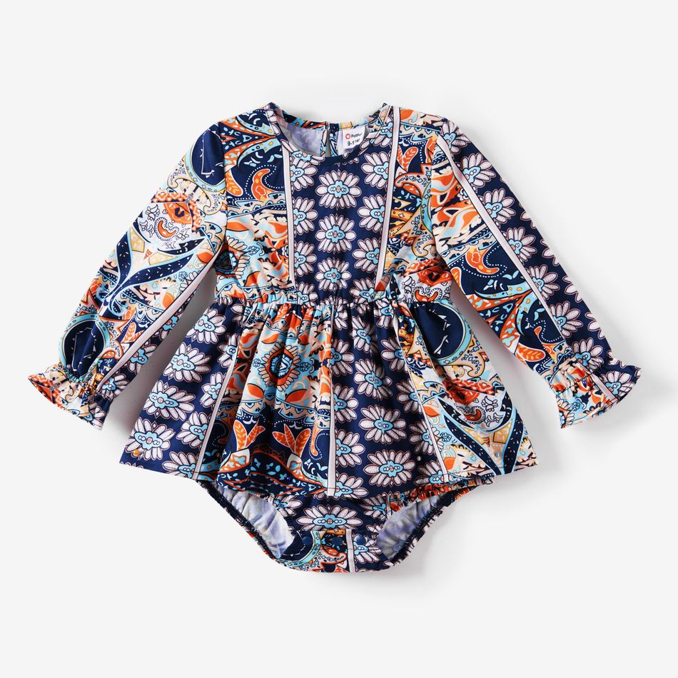 Family Matching Allover Floral Print Ruffle Long-sleeve Belted Dresses and Cotton Colorblock Polo Shirts Sets royalblue big image 8
