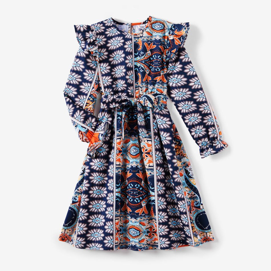 Family Matching Allover Floral Print Ruffle Long-sleeve Belted Dresses and Cotton Colorblock Polo Shirts Sets royalblue big image 2