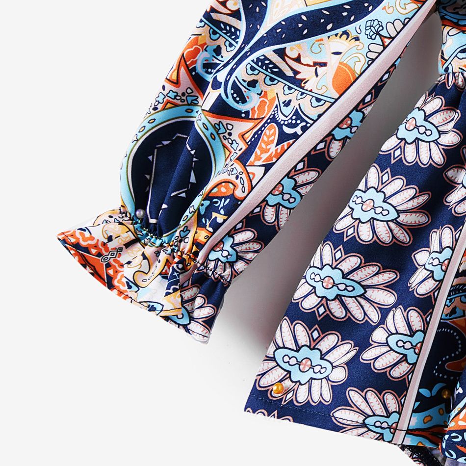 Family Matching Allover Floral Print Ruffle Long-sleeve Belted Dresses and Cotton Colorblock Polo Shirts Sets royalblue big image 9