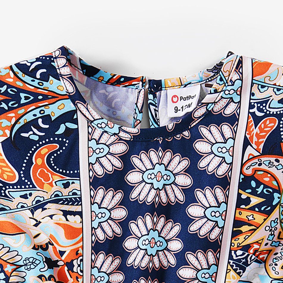 Family Matching Allover Floral Print Ruffle Long-sleeve Belted Dresses and Cotton Colorblock Polo Shirts Sets royalblue big image 7