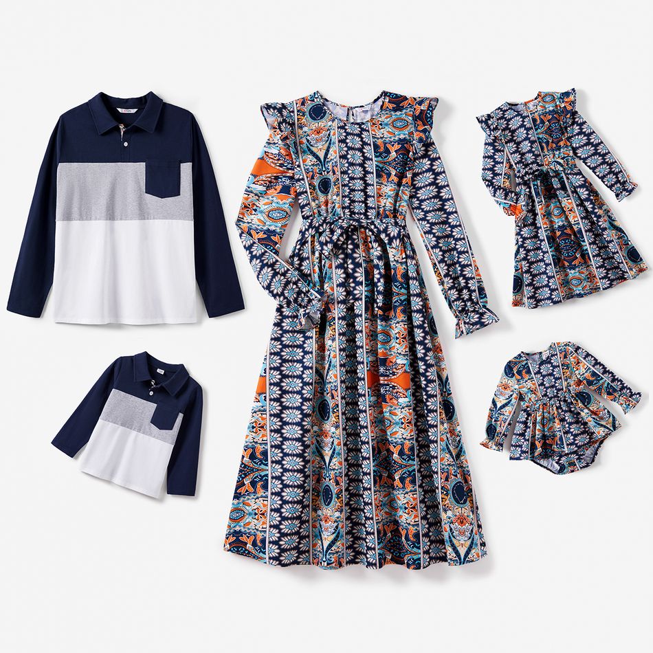 Family Matching Allover Floral Print Ruffle Long-sleeve Belted Dresses and Cotton Colorblock Polo Shirts Sets royalblue big image 1
