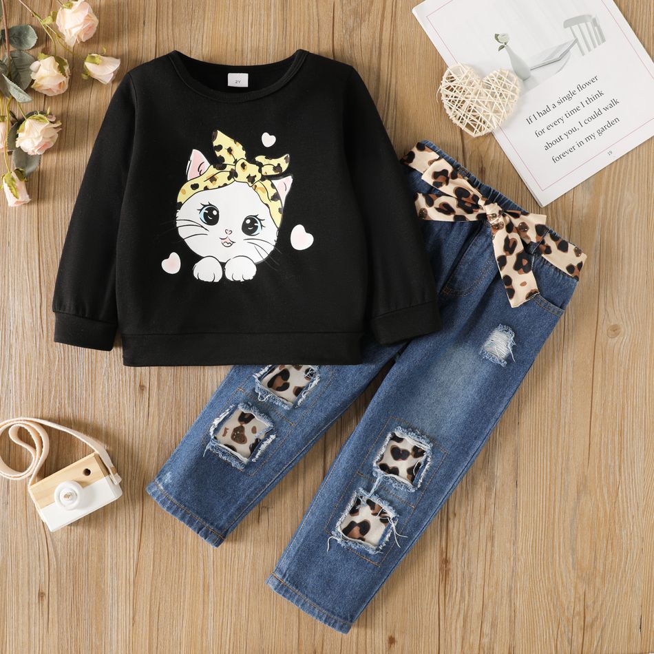 3pcs Toddler Girl Ripped Denim Jeans and Kitty Print Sweatshirt & Headband Set Black big image 3