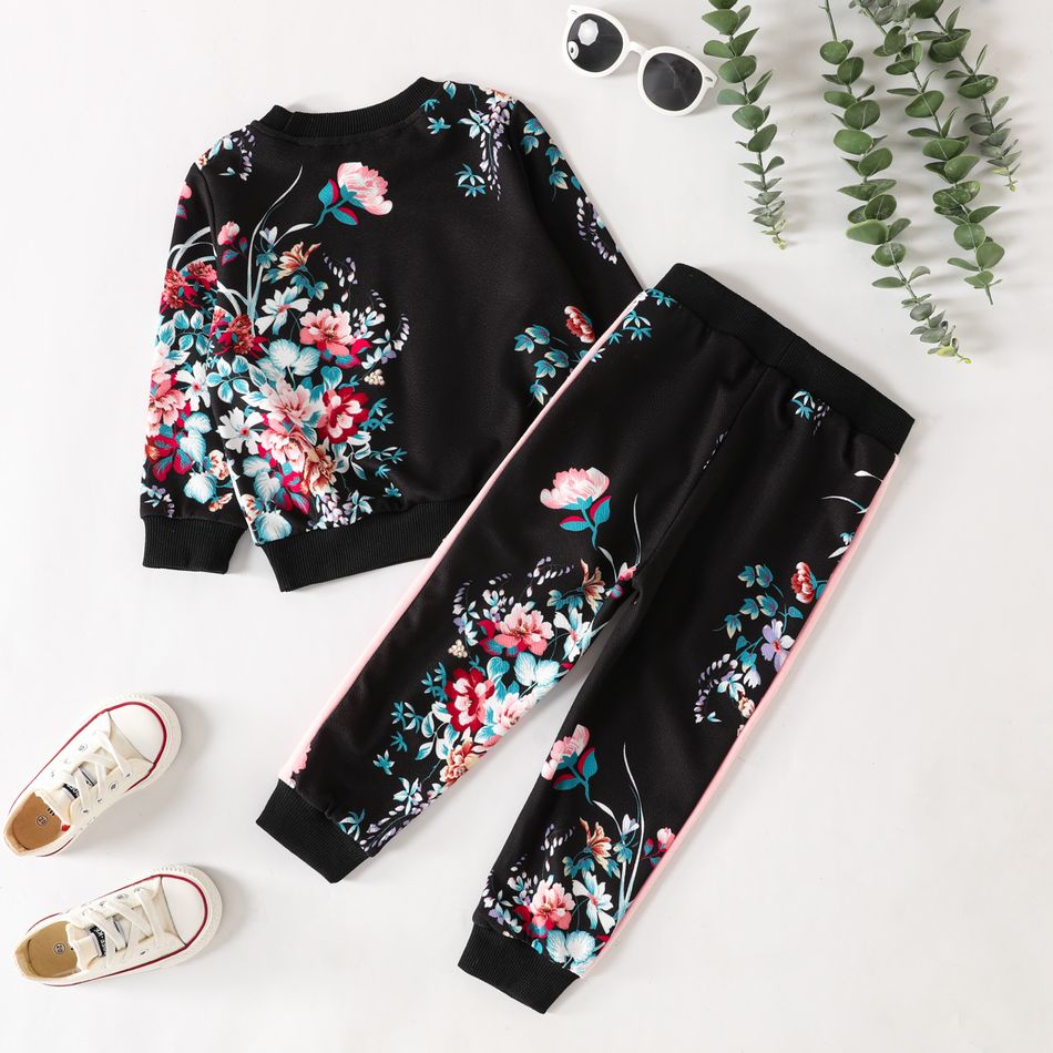 2pcs Toddler Girl Sweet Floral Letter Print Sweatshirt and Pants Set Black big image 2