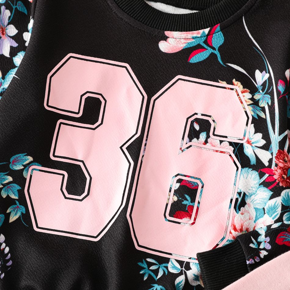 2pcs Toddler Girl Sweet Floral Letter Print Sweatshirt and Pants Set Black big image 4