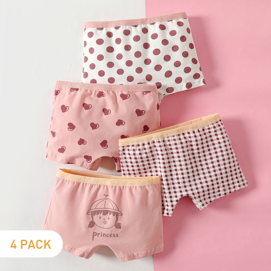 4-Pack Kid Girl Polka dots/Plaid/Heart/Figure Print Underwear Boxer Briefs Multi-color