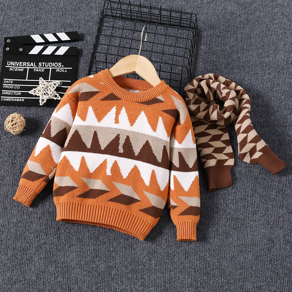 2pcs Toddler Girl/Boy Geo Pattern Colorblock Sweater and Scarf Brown big image 6