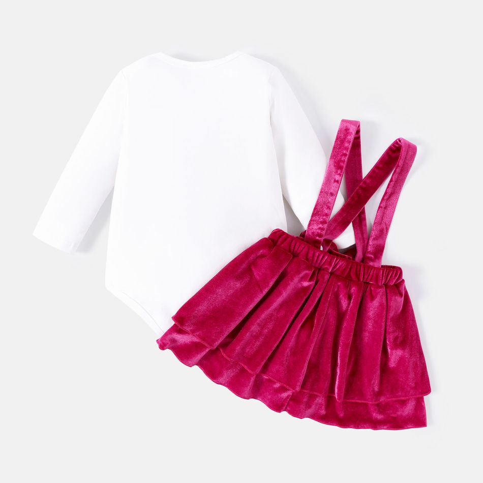 Barbie 2pcs Baby Girl Christmas Long-sleeve Graphic Romper and Layered Velvet Suspender Skirt Set Hot Pink big image 3