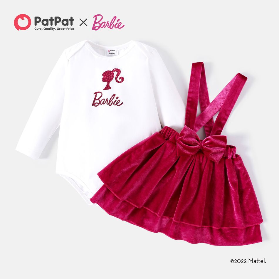 Barbie 2pcs Baby Girl Christmas Long-sleeve Graphic Romper and Layered Velvet Suspender Skirt Set Hot Pink big image 2