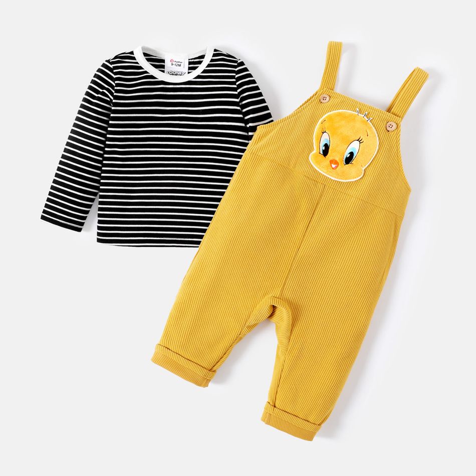 Looney Tunes 2pcs Baby Girl Long-sleeve Striped T-shirt and Animal Embroidered Corduroy Overalls Set Ginger big image 3