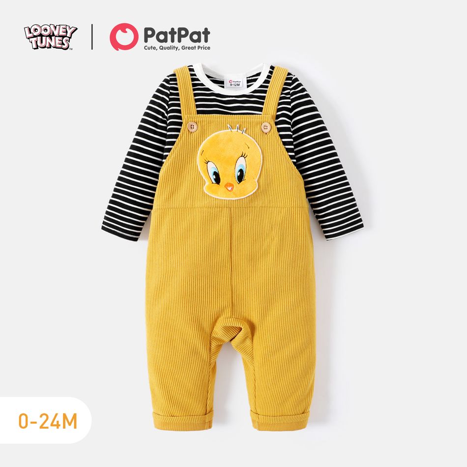 Looney Tunes 2pcs Baby Girl Long-sleeve Striped T-shirt and Animal Embroidered Corduroy Overalls Set Ginger