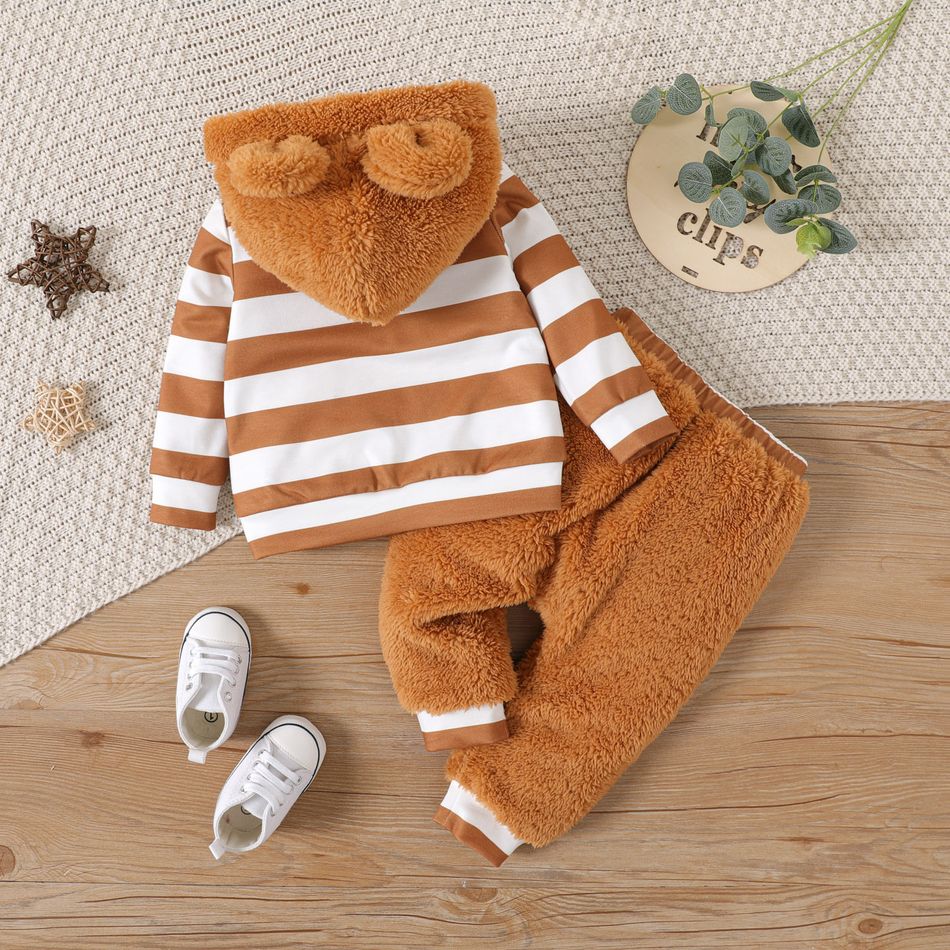 2pcs Baby Boy Star Badge Detail Striped Long-sleeve Spliced Fuzzy Hoodie and Pants Set Brown big image 2