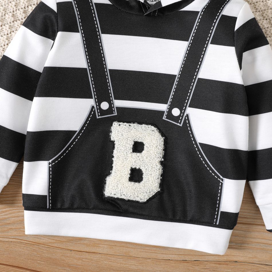 2pcs Baby Girl Letter Embroidered Black Striped Long-sleeve Hoodie and Solid Sweatpants Set BlackandWhite big image 4