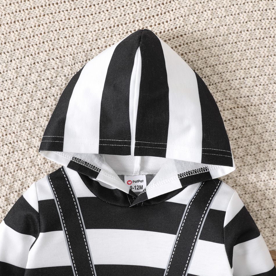 2pcs Baby Girl Letter Embroidered Black Striped Long-sleeve Hoodie and Solid Sweatpants Set BlackandWhite big image 3