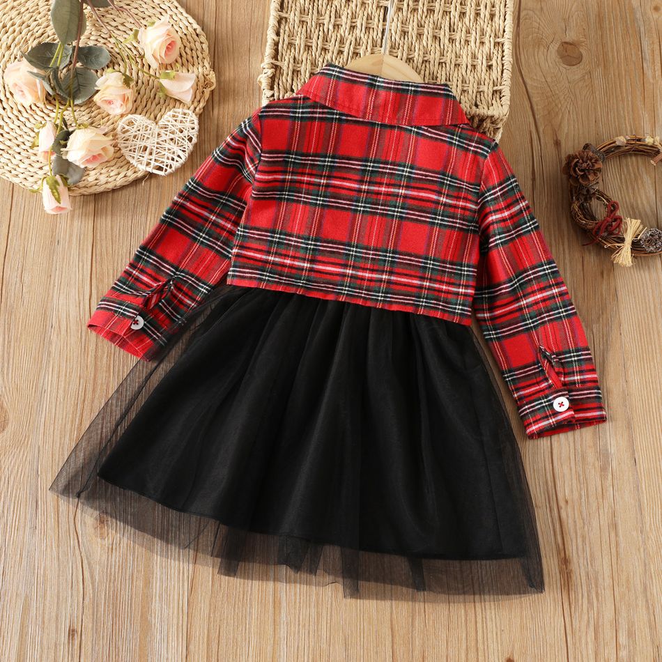 2pcs Toddler Girl Trendy Mesh Splice Cami Dress and Plaid Jacket Set redblack big image 3