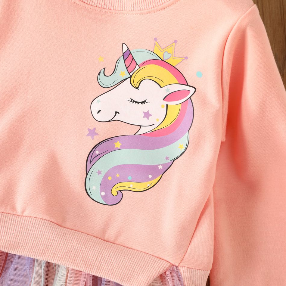 Toddler Girl Sweet Faux-two Unicorn Print Mesh Splice Dress Pink big image 4