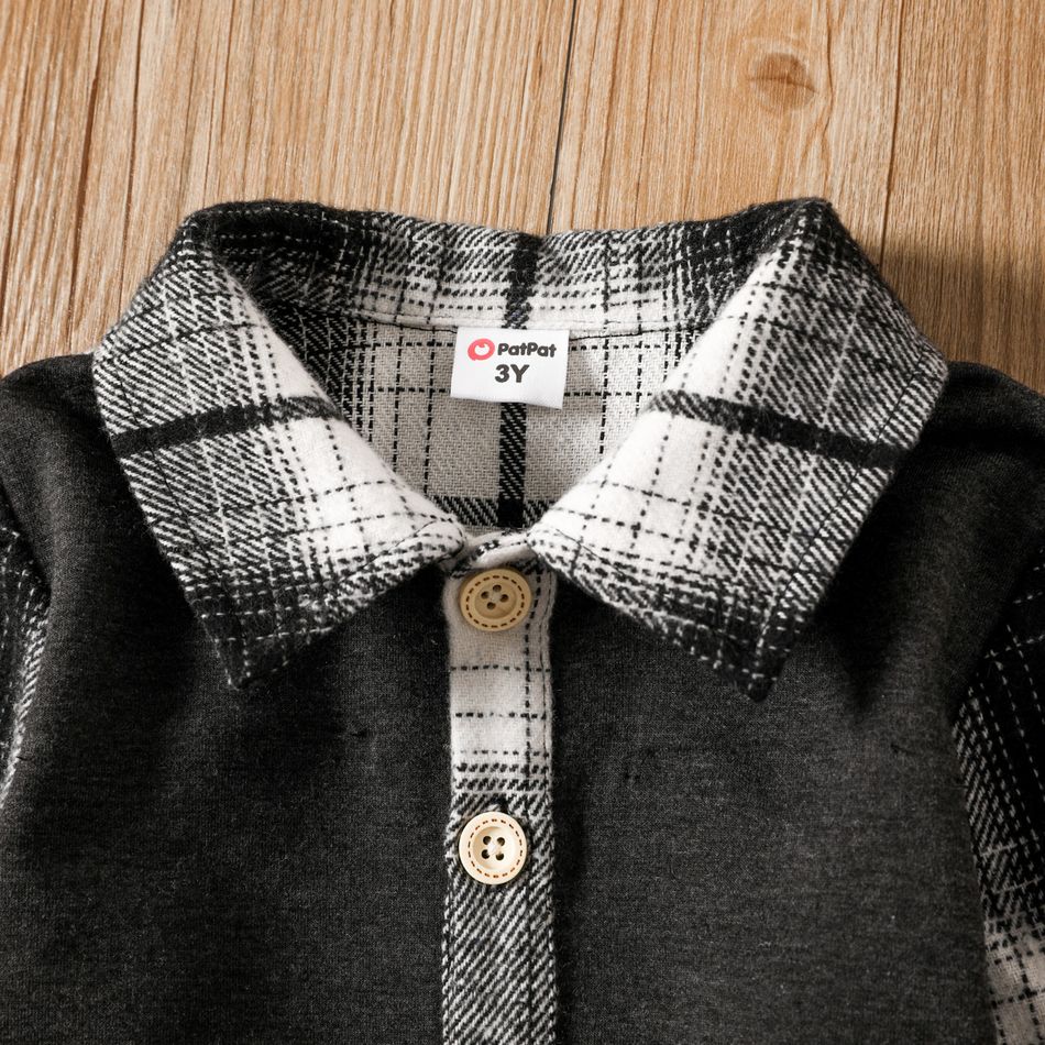 2pcs Toddler Boy Plaid Lapel Collar Long-sleeve Shirt and Elasticized Pants Set Black big image 3