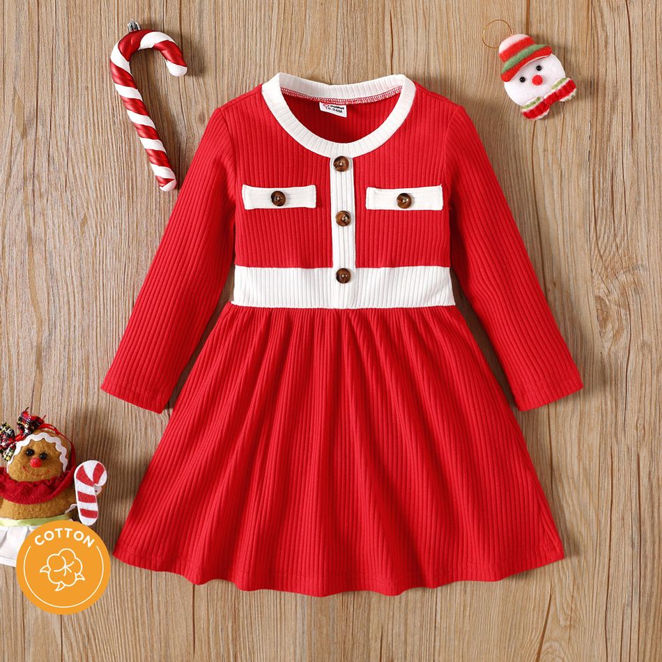 Toddler Girl Christmas Sweet Colorblock Button Design Cotton Long-sleeve Dress REDWHITE big image 1