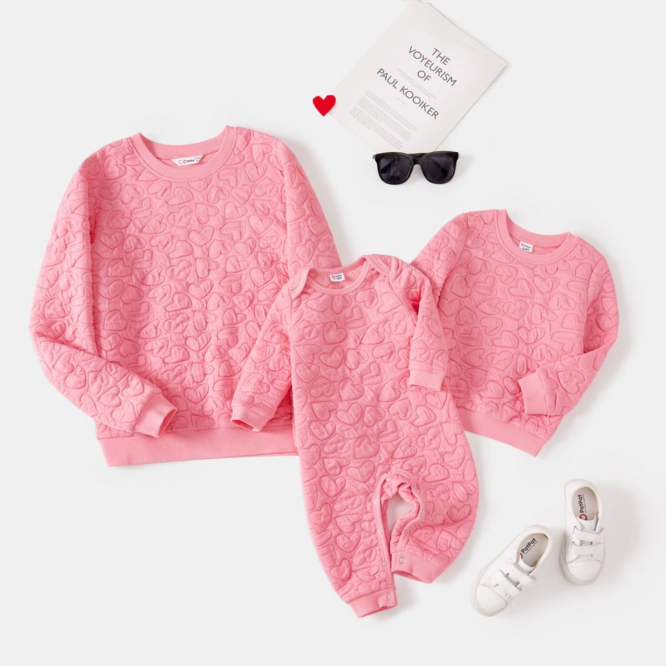Mommy and Me Pink Heart Textured Long-sleeve Sweatshirts Pink big image 1