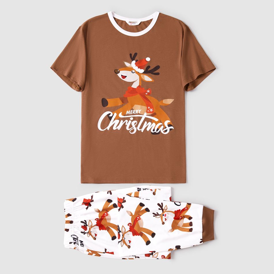 Christmas Family Matching Reindeer & Letter Print Short-sleeve Pajamas Sets (Flame Resistant) Khaki big image 2