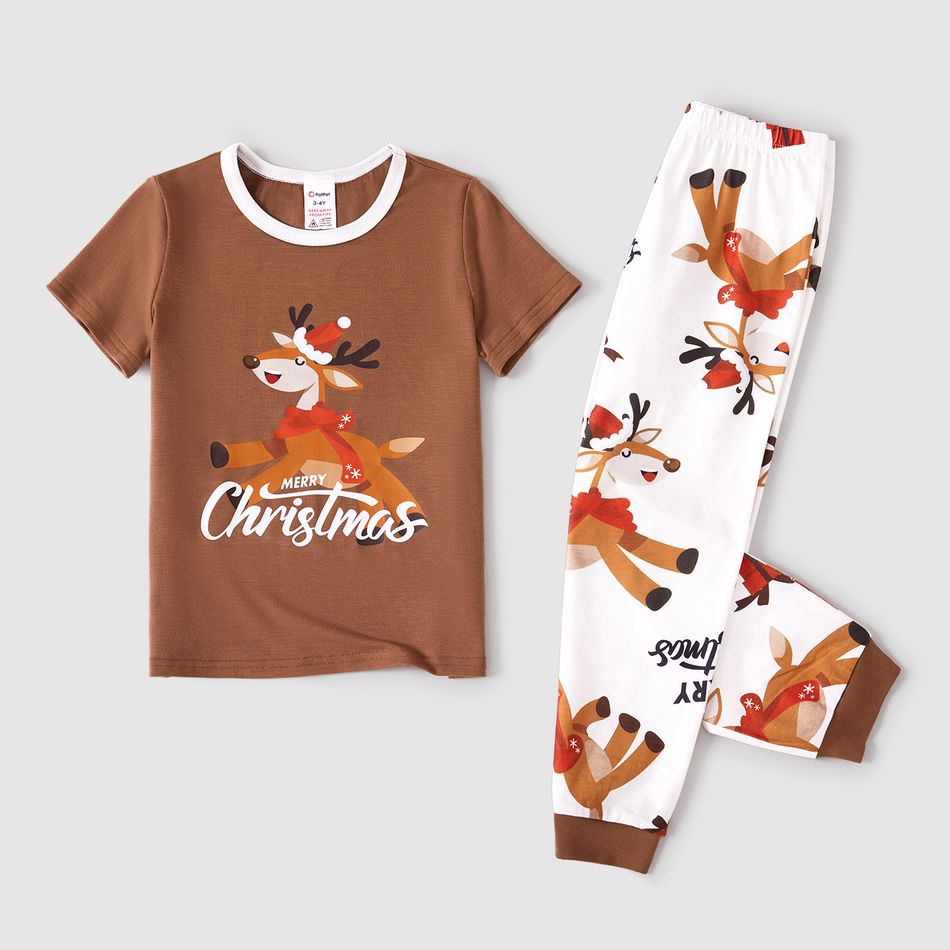 Christmas Family Matching Reindeer & Letter Print Short-sleeve Pajamas Sets (Flame Resistant) Khaki big image 8