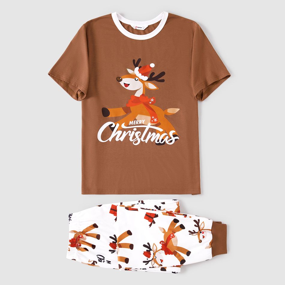 Christmas Family Matching Reindeer & Letter Print Short-sleeve Pajamas Sets (Flame Resistant) Khaki big image 7