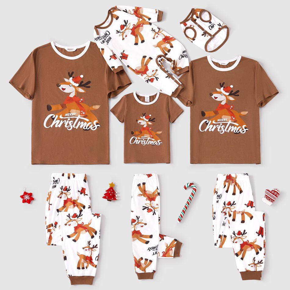 Christmas Family Matching Reindeer & Letter Print Short-sleeve Pajamas Sets (Flame Resistant) Khaki