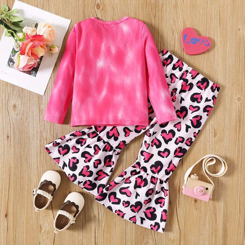 2pcs Toddler Girl Valentine's Day Heart Print Long-sleeve Tee and Leopard Print Flared Pants Set pink big image 2