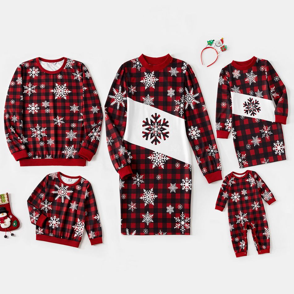 Christmas Family Matching Allover Snowflake Print Red Plaid Long-sleeve Dresses and Sweatshirts Sets REDWHITE big image 1