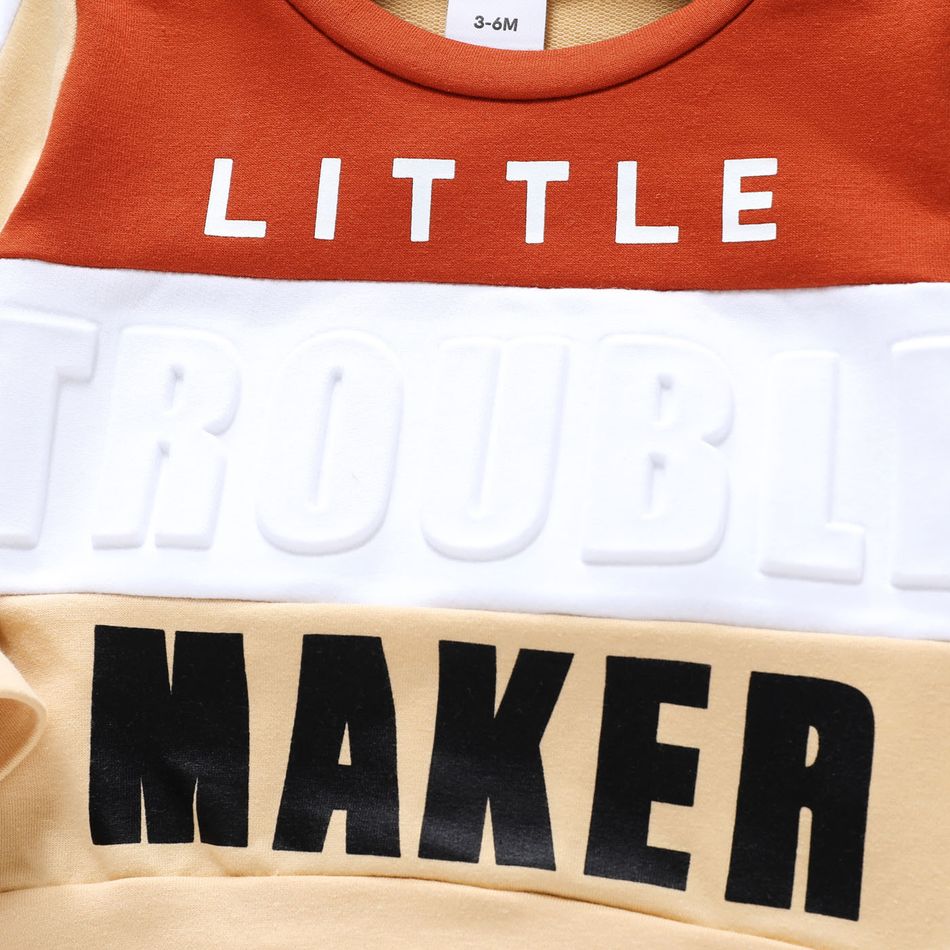 2pcs Baby Boy Letter Print Colorblock Long-sleeve Sweatshirt and Sweatpants Set Apricot big image 3