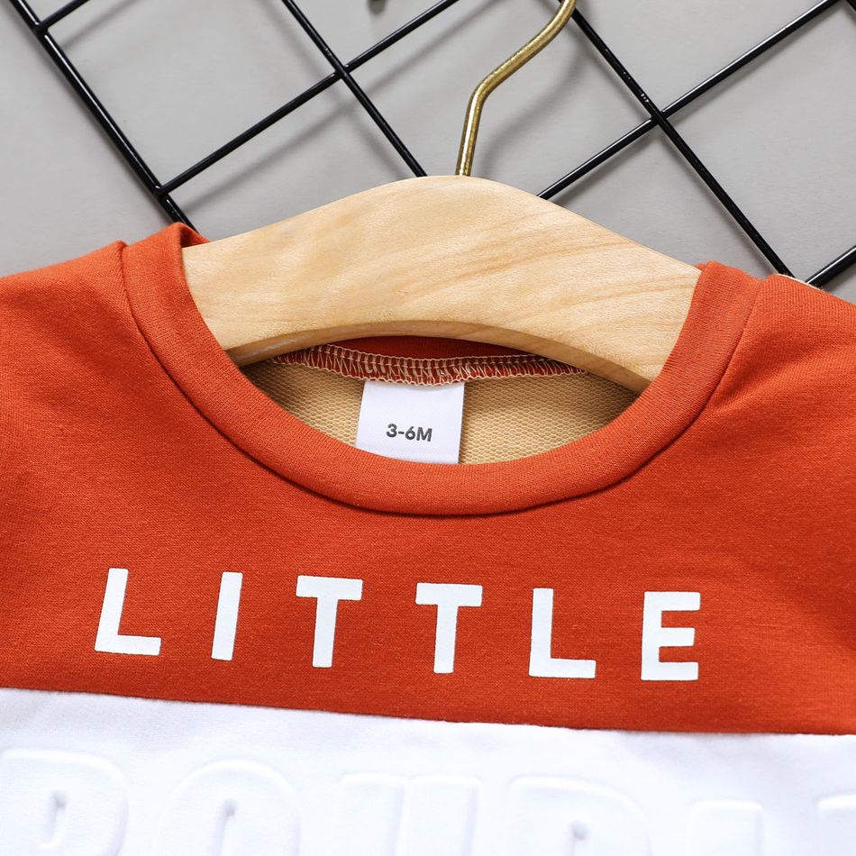 2pcs Baby Boy Letter Print Colorblock Long-sleeve Sweatshirt and Sweatpants Set Apricot big image 2