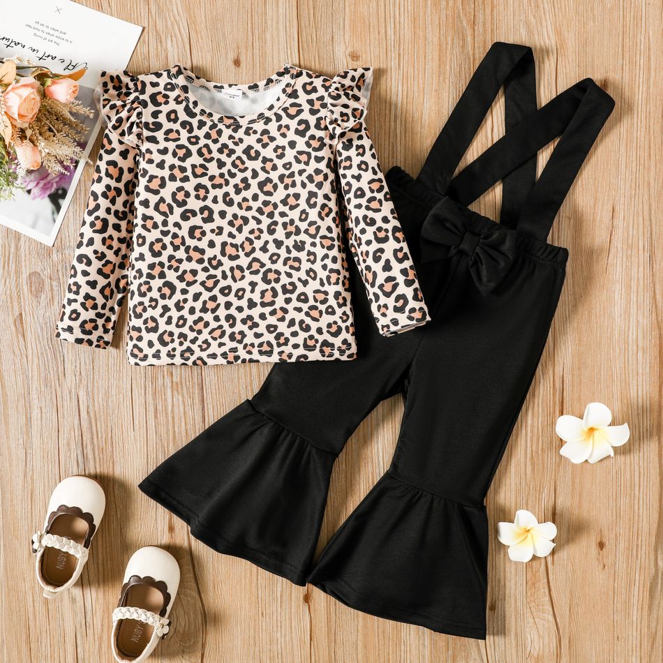 2pcs Toddler Girl Ruffled Leopard Print Long-sleeve Tee and Suspender Flared Pants Set ColorBlock