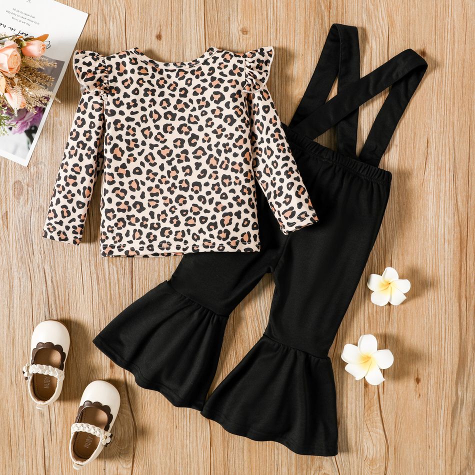 2pcs Toddler Girl Ruffled Leopard Print Long-sleeve Tee and Suspender Flared Pants Set ColorBlock big image 2