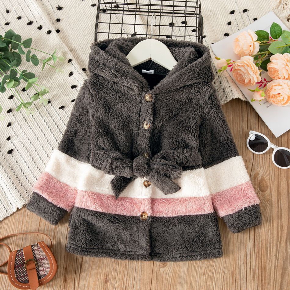 Toddler Girl Colorblock Fluffy Fleece Belted Hooded Coat ColorBlock big image 1