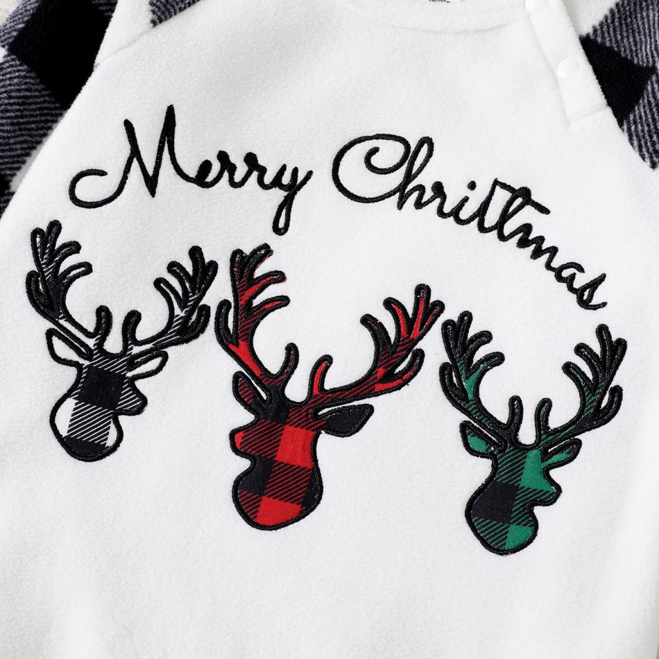 Christmas Family Matching Deer & Letter Embroidered Plaid Raglan-sleeve Thickened Polar Fleece Pajamas Sets (Flame Resistant) BlackandWhite big image 4