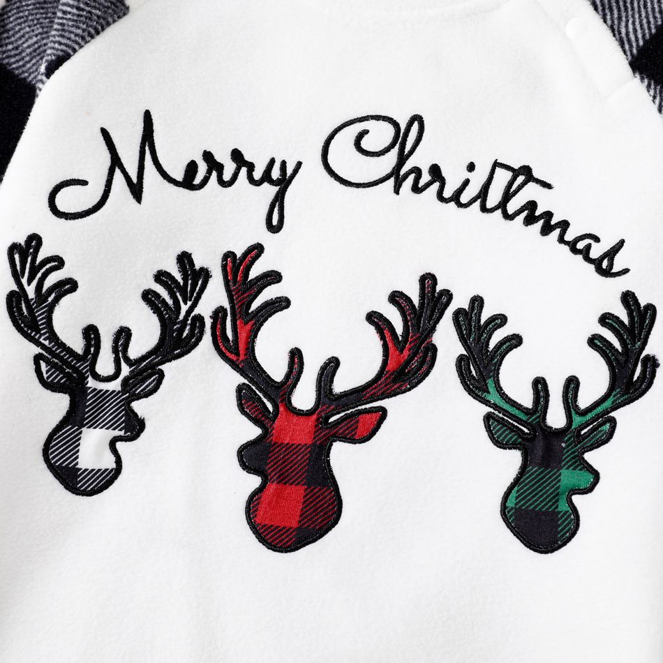 Christmas Family Matching Deer & Letter Embroidered Plaid Raglan-sleeve Thickened Polar Fleece Pajamas Sets (Flame Resistant) BlackandWhite big image 11