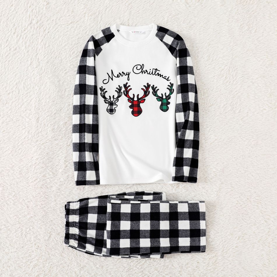 Christmas Family Matching Deer & Letter Embroidered Plaid Raglan-sleeve Thickened Polar Fleece Pajamas Sets (Flame Resistant) BlackandWhite big image 6