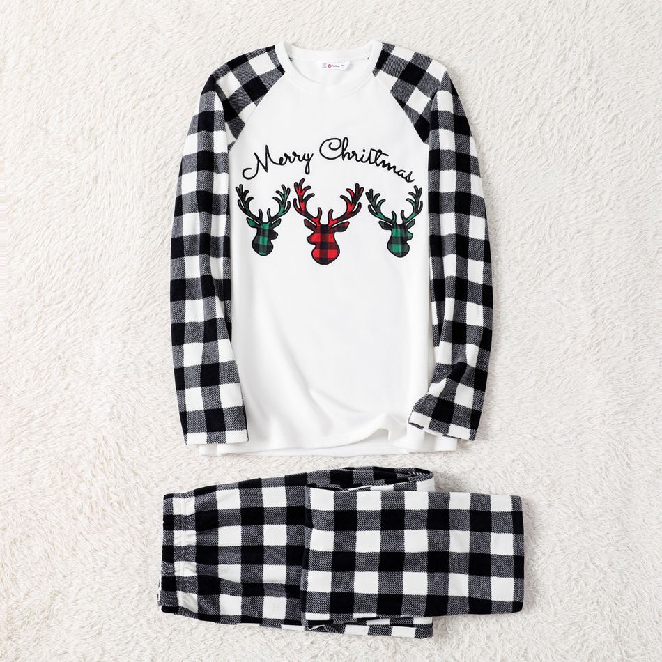 Christmas Family Matching Deer & Letter Embroidered Plaid Raglan-sleeve Thickened Polar Fleece Pajamas Sets (Flame Resistant) BlackandWhite big image 2