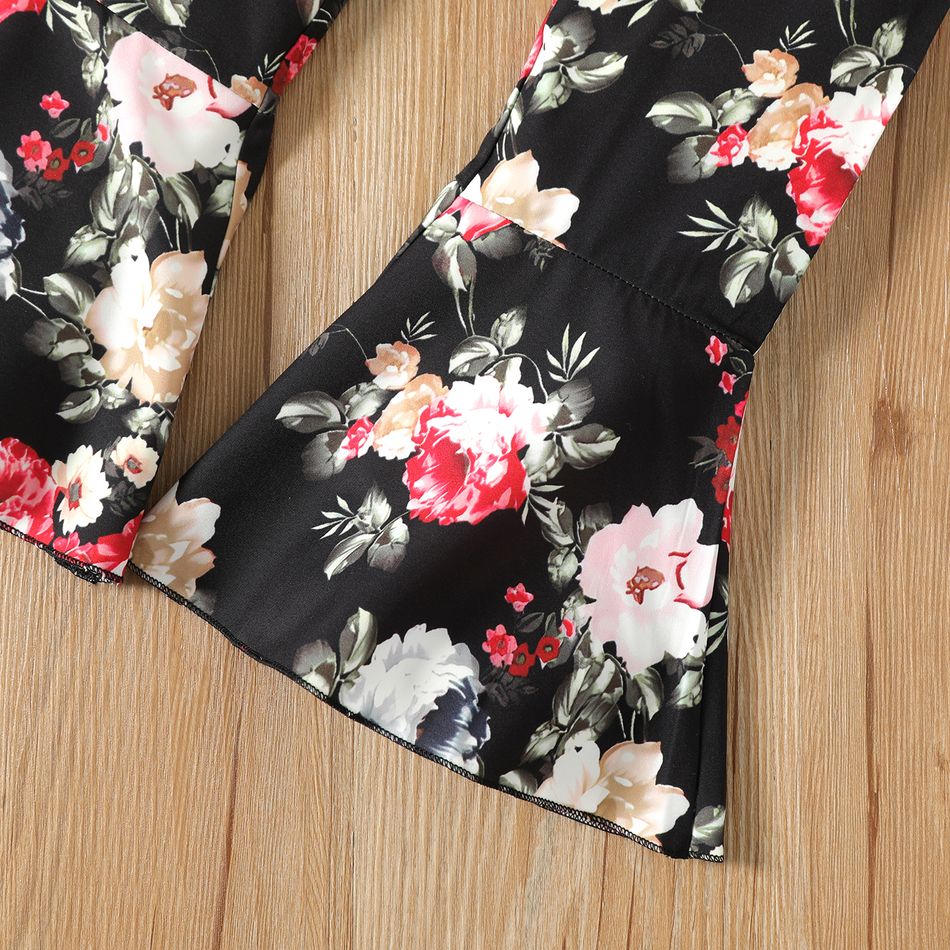 2pcs Kid Girl Long Bell sleeves Black Tee and Floral Print Flared Pants Set Black big image 6