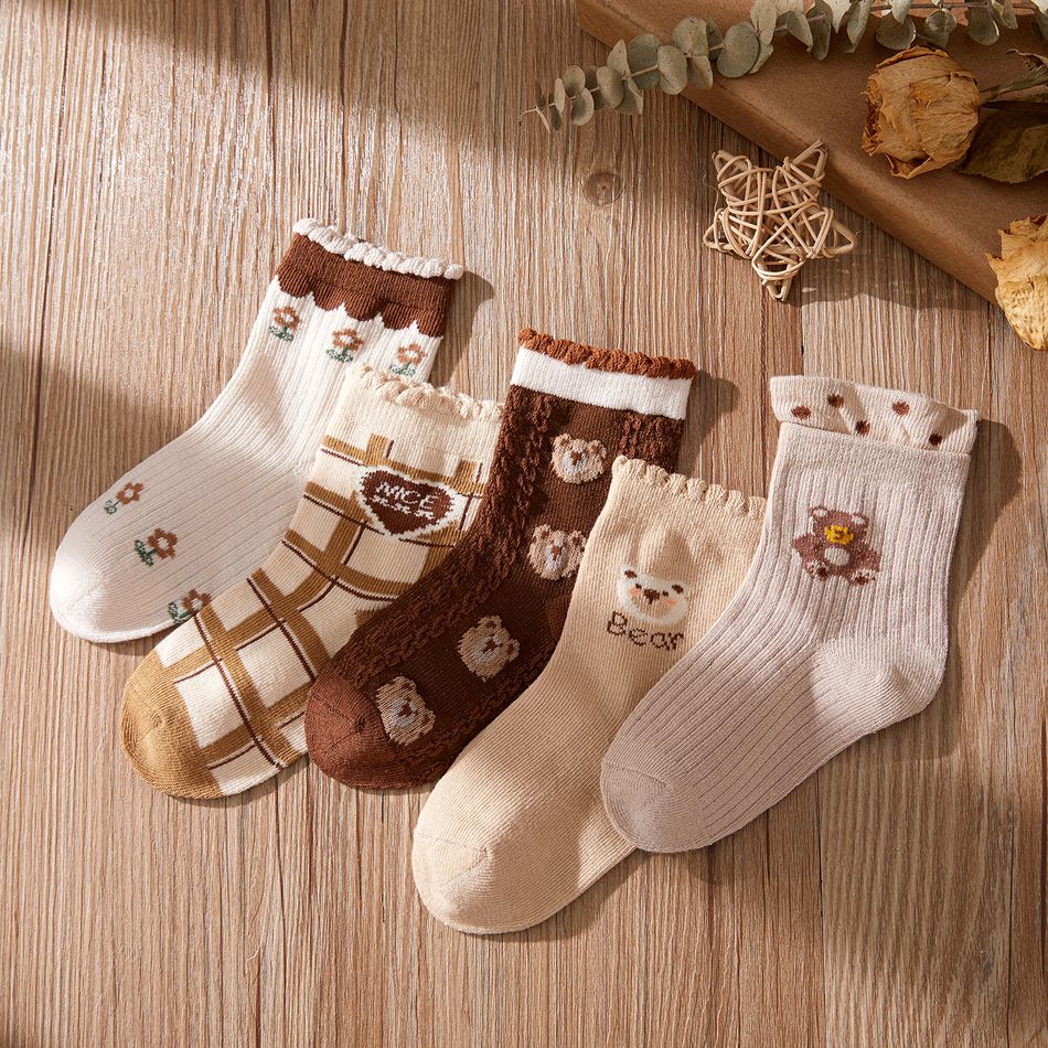 Conjunto de 5 pares de meias com padrão de urso de desenho animado para bebê/criança Castanho big image 3