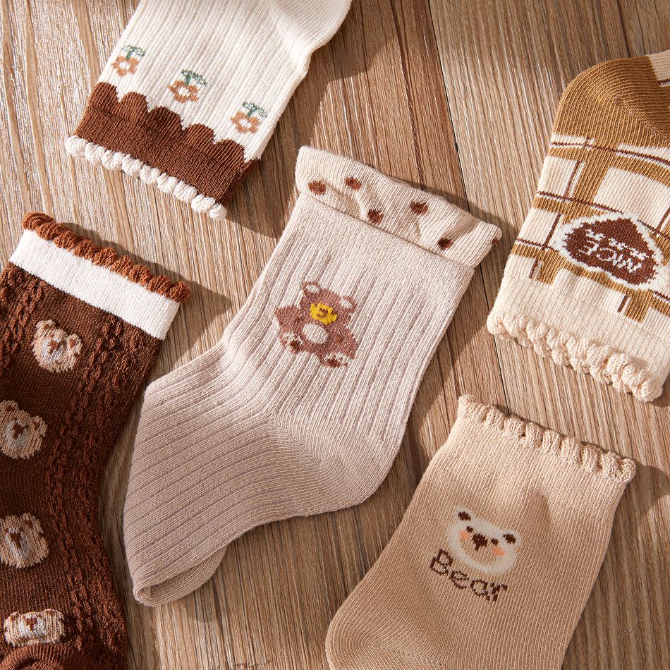 Conjunto de 5 pares de meias com padrão de urso de desenho animado para bebê/criança Castanho big image 2