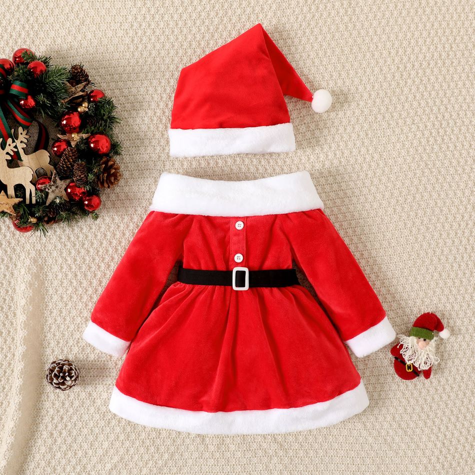 Christmas 3pcs Baby Girl Red Fleece Square Neck Long-sleeve Belted Dress and Fuzzy Scarf & Hat Set Red big image 2