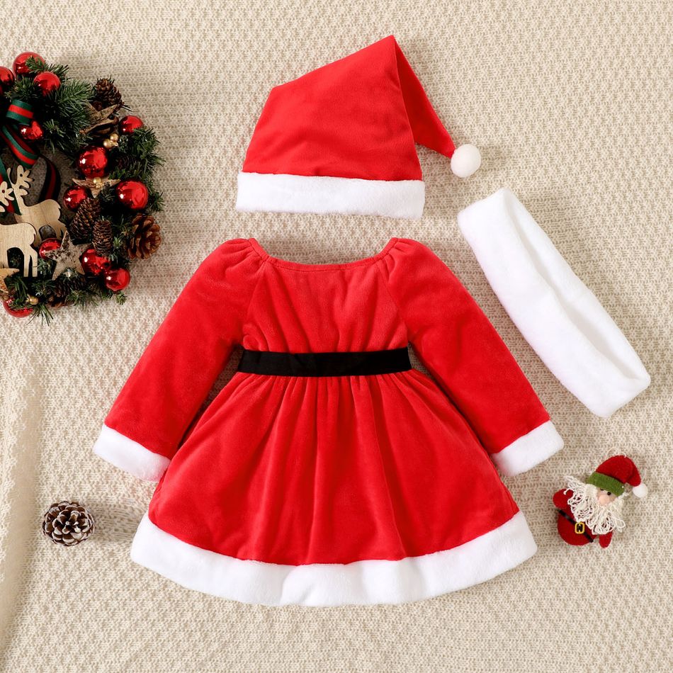 Christmas 3pcs Baby Girl Red Fleece Square Neck Long-sleeve Belted Dress and Fuzzy Scarf & Hat Set Red big image 3
