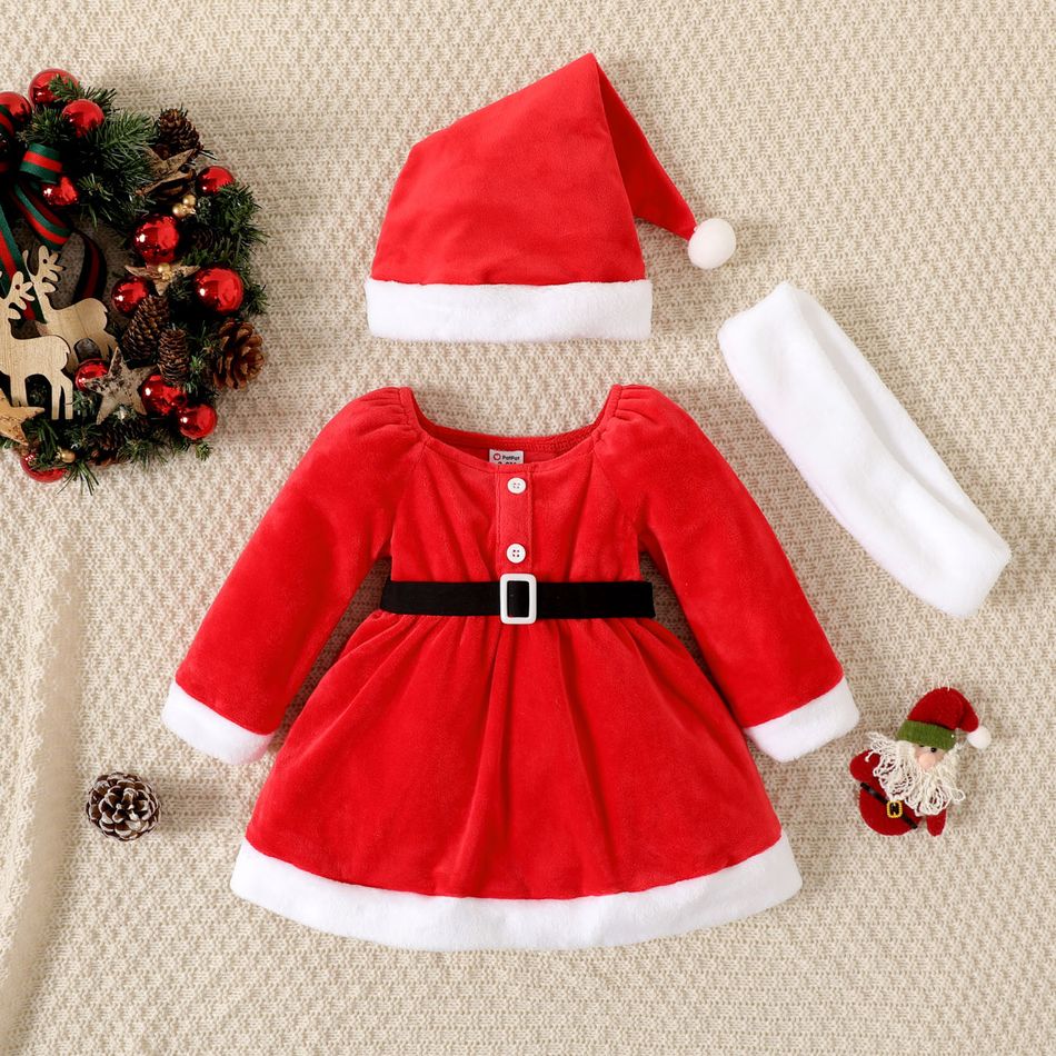 Christmas 3pcs Baby Girl Red Fleece Square Neck Long-sleeve Belted Dress and Fuzzy Scarf & Hat Set Red big image 1